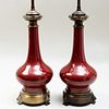 Pair of Chinese Gilt-Metal-Mounted Copper Red Glazed Vases Mounted as Lamps