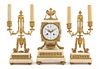 A French Gilt Bronze and Marble Three-Piece Clock Garniture Height of candelabra 16 3/4 inches.