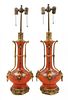 A Pair of French Gilt Bronze Mounted Glass or Porcelain Oil Lamps Height 30 inches.