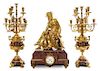 A Large French Gilt Bronze and Marble Clock Garniture Height of candelabra 30 1/2 inches.