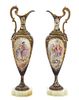 A Pair of Gilt Metal Mounted and Champleve Sevres Style Porcelain Ewers Height 16 1/2 inches.