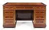 A Russian Neoclassical Brass Inlaid Mahogany Pedestal Desk Height 32 x width 56 3/4 x depth 29 1/4 inches.