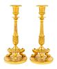 A Pair of English Gilt Bronze Candlesticks Height of each 11 inches.