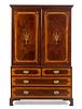 An English Marquetry Decorated Mahogany Linen Press Height 78 inches (overall).