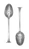 A Pair of George III Silver Berry Spoons, Hester Bateman, London, 1780, each having scroll handles with foliate and scale worked