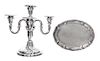 A German Silver Four Light Candelabrum, FJ Schroder, Berlin, having three S-scroll arms surrounding a central cup with a twist d
