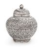 A Chinese Silver Covered Jar, , the underside chased with two-character maker's mark Li Zhen, the other wen yin (fine silver).