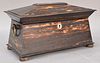 Exotic wood tea box with three part interior (one with cover) and mother of pearl inlaid top, 19th century. ht. 8 1/2in., wd. 14in.