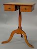 Shaker tiger maple candlestand having square top over two drawers set on plain turned shaft set on tripod base, circa 1800 (top surf...