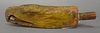 Carved Eagle Head Tiller end, yellow painted folk art.  lg. 9in.