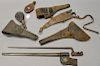 Military seven piece lot including American bayonet marked U.S., three holsters (two marked U.S.) and three leather powder horns. <R...