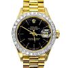 Lady's Vintage Rolex 18 Karat Yellow Gold Datejust Presidential with Diamond Bezel and Black Dial.