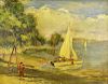 Georgi Alexandrovich Lapchine, Russian (1885-1950) oil on canvas, harbor scene with sailboats