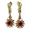 Pair of Vintage European 18 Karat Yellow Gold and Round Cut Ruby Earrings
