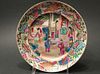 ANTIQUE Chinese Famille Rose Plate with flowers and court yard figurines, early 19th Century. 9" wide
