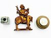 Set of 3 pieces, a man riding an elephant, brass Box and a stone candle holder.