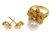 14k Yellow Gold, Pearl and Diamond Ring and Earrings