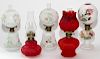 VICTORIAN MINIATURE RUBY AND MILK GLASS OIL LAMPS