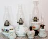 MILK GLASS HAND PAINTED OIL LAMPS 19TH.C 6 PIECES