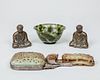 Chinese Carved Jade-Mounted Hand Mirror, a Jade Cup, and Two Bronze Buddha Figures