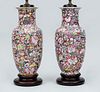 Pair of Chinese Famille Rose Porcelain Millefiori Vase Lamps, on Wood Stands