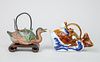 Chinese Porcelain Pot Modeled as a Figure Riding a Fish and a Chinese Pottery Duck-Form Pot and Cover