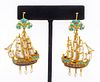 22K Gold Pearl & Enamel Sailing Ship Earrings