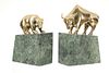 Mid Century Brass Bull & Bear Marble Bookends