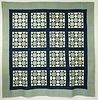 Vintage Denim Blue and White Geometric Patchwork Quilt, circa 1930s
