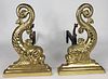 Pair of Antique/Vintage Figural Brass Fu Dolphin Andirons