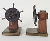 Pair of Vintage Brass, Wood, and Bakelite Ship's Wheel Bookends