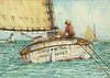 John Hutchinson Watercolor on Paper "Catboat Christina, Nantucket Rounding Brant Point"