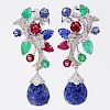 Cartier style Approx. 73.50 Carat Emerald, Ruby and Sapphire, 2.40 Carat Diamond and 18 Karat White Gold Tutti Frutti Earrings