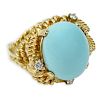 Vintage Cabochon Persian Turquoise and 14 Karat Yellow Gold Ring with Small Round Cut Diamond Accents