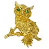 Vintage 18 Karat Yellow Gold Owl Brooch with Emerald Eyes