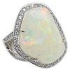 Large White Opal, Round Brilliant Cut Diamond, Blue Diamond and 18 Karat White Gold Ring