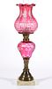 CUT-OVERLAY AND ENGRAVED FLORAL, BERRY, AND GREEK KEY KEROSENE STAND LAMP