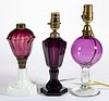 ASSORTED AMETHYST GLASS STAND LAMPS, LOT OF THREE