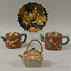 Three Clay Teapots and a Lacquer Plate