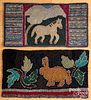 Two hooked rugs with rabbit and horse