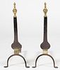 AMERICAN FEDERAL WROUGHT-IRON AND BRASS PAIR OF ANDIRONS