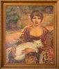 Signed Portrait of Lady with Cat Oil on Canvas