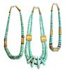 Three Santo Domingo Turquoise and Brass Necklaces, Tony Aguilar, Sr. Length 20 inches.
