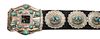 A Large Laguna Silver and Turquoise Concho Belt, Allen Natseway Length overall 47 inches; height of buckle 5 1/2 x 6 inches.