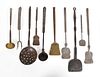 Ten Wrought Iron and Brass Hearth Cooking Tools