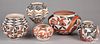 Five Acoma Pueblo Indian polychrome pottery ollas