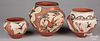Three Zia Pueblo Indian polychrome pottery ollas