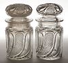 FINELY CUT PEACOCK FEATHER GLASS PAIR OF COVERED JARS