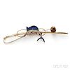 14kt Gold, Enamel, and Seed Pearl Fish and Rod Brooch, Sloan & Co.