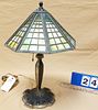 C1915 TABLE LAMP W/SLAG GLASS SHADE 20"H X 13"DIAM